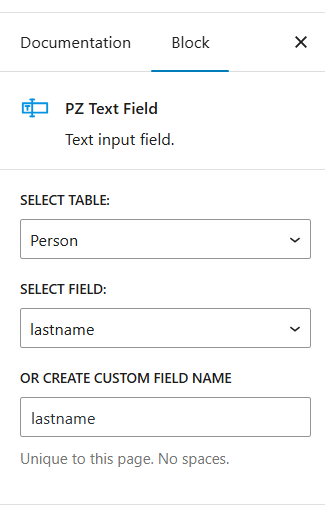 A screen shot of the top of the inspector panel for the text field block, showing dropdown select fields for Table and Field.